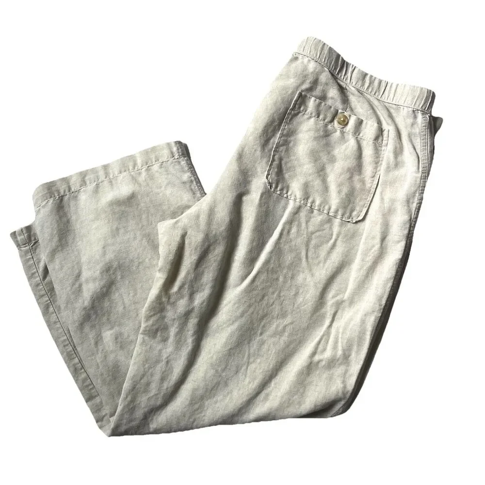 Liz Claiborne Linen /Cotton Pants Women Size XL Beige Drawstring Pockets Coastal